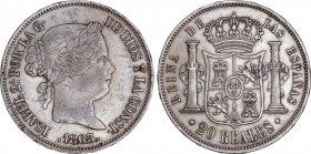 Elisabeth II (1833-1868)
20 Reales. 1863. BARCELONA. 25,88 grs. Pequeños golpecitos con ligera pátina. Muy escasa. MBC+/EBC-. / Very small bumps. Lig...