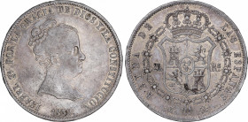 Elisabeth II (1833-1868)
20 Reales. 1839. MADRID. C.L. 26,94 grs. Pequeños golpecitos. Restos de brillo original. Rara. MBC+. / Very small bumps. Lus...