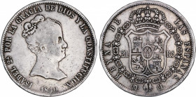 Elisabeth II (1833-1868)
20 Reales. 1840. MADRID. C.L. 26,87 grs. El catálogo de las Monedas de Isabel II de Joaquín Trigo 1974 la cita como pieza ún...