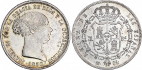 Elisabeth II (1833-1868)
20 Reales. 1850. MADRID. C.L. 25,93 grs. Leves golpecitos. Pleno brillo original con leve pátina dorada. Rara así. bella. EB...