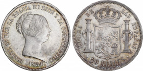 Elisabeth II (1833-1868)
20 Reales. 1854. MADRID. 25,94 grs. Acuñación algo floja en parte del reverso. Leve golpecito en gráfila del reverso a las 1...