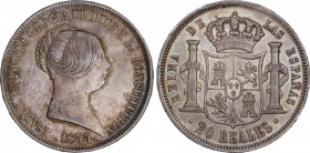 Elisabeth II (1833-1868)
20 Reales. 1855. MADRID. 26,01 grs. Pátina oscura con brillo original subyacente. EBC. / Dark patina with underlying mint lu...