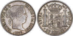 Elisabeth II (1833-1868)
20 Reales. 1856. MADRID. 25,79 grs. MBC+. / Choice very fine. AC-612; Cal-178. Adq. Carlos Fuster - Marzo 1988.
