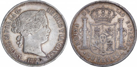 Elisabeth II (1833-1868)
20 Reales. 1859. MADRID. 25,82 grs. Ligera pátina. MBC. / Light patina. Very fine. AC-616; Cal-181.