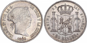 Elisabeth II (1833-1868)
20 Reales. 1860. MADRID. 25,86 grs. Levísimas rayitas en anverso. Pleno brillo original, parece PROOF, con leve pátina dorad...
