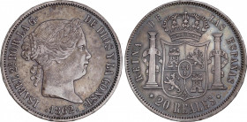 Elisabeth II (1833-1868)
20 Reales. 1862. MADRID. 25,83 grs. Pátina oscura. MBC+. / Dark patina. Choice extremely fine. AC-620; Cal-184. Adq. Carlos ...