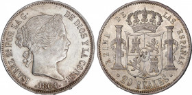 Elisabeth II (1833-1868)
20 Reales. 1864. MADRID. 26,01 grs. Brillo original. EBC. / Mint luster. Extremely fine. AC-622; Cal-186. Adq. J. Sánchez - ...
