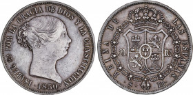 Elisabeth II (1833-1868)
20 Reales. 1850. SEVILLA. R.D. 25,72 grs. Pátina oscura. Rara. MBC. / Dark patina. Rare and very fine. AC-624; Cal-188. Adq....
