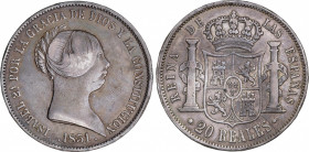 Elisabeth II (1833-1868)
20 Reales. 1851. SEVILLA. 25,78 grs. Pátina oscura. MBC. / Dark patina. Very fine. AC-626; Cal-190. Adq. Carlos Fuster - Mar...
