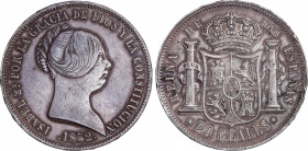 Elisabeth II (1833-1868)
20 Reales. 1852. SEVILLA. 25,8 grs. Pátina irregular con restos de brillo original. MBC+. / Uneven patina with luster traces...