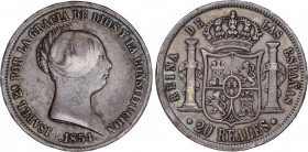 Elisabeth II (1833-1868)
20 Reales. 1854. SEVILLA. 25,75 grs. Pátina oscura. MBC. / Dark patina. Very fine. AC-629; Cal-192. Adq. Carlos Fuster - Mar...