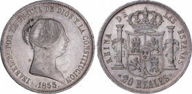 Elisabeth II (1833-1868)
20 Reales. 1855/2. SEVILLA. 26,02 grs. Brillo original. Bella. EBC+. / Mint luster. Beautiful. Choice extremely fine. AC-630...