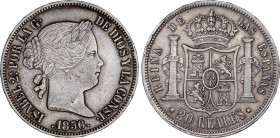 Elisabeth II (1833-1868)
20 Reales. 1856. SEVILLA. 25,99 grs. Pequeños golpecitos. Escasa. MBC+. / Very small bumps. Scarce. Choice very fine. AC-633...