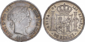 Elisabeth II (1833-1868)
20 Reales. 1857. SEVILLA. 26,11 grs. Brillo original con leve pátina dorada. EBC-/EBC. / Mint luster with light gilded patin...