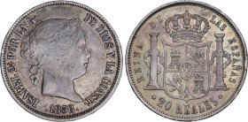 Elisabeth II (1833-1868)
20 Reales. 1858. SEVILLA. 25,87 grs. Pátina oscura levemente irisada. MBC+. / Dark patina slightly iridescent. Choice very f...