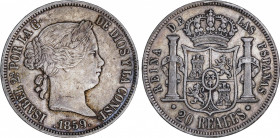 Elisabeth II (1833-1868)
20 Reales. 1859. SEVILLA. 25,68 grs. Pátina. Año escaso. MBC+. / Patina. Scarce date. Choice very fine. AC-636; Cal-197. Adq...