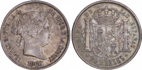 Elisabeth II (1833-1868)
20 Reales. 1860/0. SEVILLA. 25,86 grs. Pequeños golpecitos. Pátina oscura e irisada. MBC+. / Very small bumps. Dark and irid...
