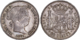 Elisabeth II (1833-1868)
20 Reales. 1861. SEVILLA. 25,9 grs. MBC+. / Choice very fine. AC-640; Cal-199. Adq. Carlos Fuster - Marzo 1988.