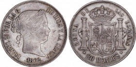 Elisabeth II (1833-1868)
20 Reales. 1862. SEVILLA. 25,85 grs. Pequeños golpecitos. EBC-. / Very small bumps. Almost extremely fine. AC-641; Cal-200. ...
