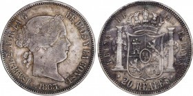 Elisabeth II (1833-1868)
20 Reales. 1863. SEVILLA. 25,82 grs. Pequeños golpecitos. Pátina irregular. MBC+. / Very small bumps. Uneven patina. Choice ...