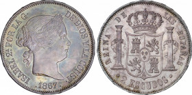 Elisabeth II (1833-1868)
2 Escudos. 1867. MADRID. 26,01 grs. Bonita pátina oscura irisada con brillo original subyacente. Bello ejemplar. Escaso así....