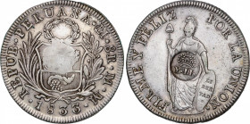 Elisabeth II (1833-1868)
1 Peso. 1833. MANILA. 26,72 grs. Resello Y-II coronado sobre 8 Reales Perú 1833 para Manila. MBC+. / Crowned Y-II countermar...