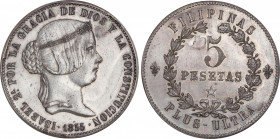 Elisabeth II (1833-1868)
5 Pesetas. 1855. MANILA. Encapsulada por NGC PF 62 (nº 5781046-010). 25,22 grs. Prueba en plata de Fernández Pescador. Podrí...