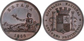 Provisional Government and I Republic (1868-1871/1873-1874)
Medalla. 1868. 25,06 grs. AE. Módulo 5 pesetas. Sirvió de modelo para realizar el duro de...