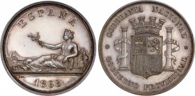 Provisional Government and I Republic (1868-1871/1873-1874)
Medalla. 1868. 24,32 grs. AR. Módulo 5 Pesetas. Sirvió de modelo para realizar el duro de...
