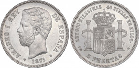 Amadeo I (1871-1873)
5 Pesetas. 1871 (*18-75). D.E.-M. Brillo original. Buen ejemplar. Rara así. SC. / Mint luster. Nice Piece. Rare in this conditio...