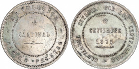 Cantonal Revolution (1873-1874)
5 Pesetas. Septiembre 1873. CARTAGENA. 28,33 grs. Reverso coincidente. 80 perlas en anverso y 85 perlas en reverso.Ma...