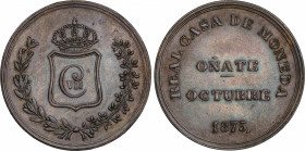 Charles VII Pretender (1868-1909)
5 Pesetas. 1875. OÑATE. 23,91 grs. AE. Monograma pequeño. Coma tras la fecha. Escasa. EBC+. / Small monogram. Comma...