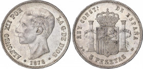 Alfonso XII (1874-1885)
5 Pesetas. 1878 (*18-78). D.E.-M. Brillo original. Bonita pieza. EBC/EBC-. / Mint luster. Beautiful coin. Extremely fine / al...