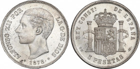 Alfonso XII (1874-1885)
5 Pesetas. 1878 (*18-78). E.M.-M. Brillo original. Bello ejemplar. Rara así. SC. / Mint luster. Beautiful coin. Rare in this ...