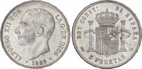 Alfonso XII (1874-1885)
5 Pesetas. 1885 (*18-85). M.S.-M. Brillo original. EBC+. / Mint luster. Choice extremely fine. Adq. J. Chico - Marzo 1989.