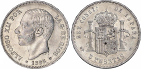 Alfonso XII (1874-1885)
5 Pesetas. 1885 (*18-87). M.P.-M. MBC+/EBC-. / Choice very fine / almost extremely fine. Adq. Carlos Fuster - Marzo 1987.