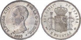 Alfonso XIII (1885-1931)
5 Pesetas. 1890 (*18-90). M.P/DE-M. Brillo original. Rayitas. EBC+. / Mint luster. Hairlines. Choice extremely fine. VS-180....