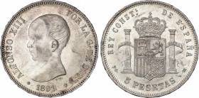 Alfonso XIII (1885-1931)
5 Pesetas. 1891 (*18-91). P.G.-M. Pleno brillo original. Bonita pieza. SC-. / Full mint luster. Beautiful coin. Almost uncir...