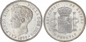 Alfonso XIII (1885-1931)
5 Pesetas. 1899 (*18-99). S.G.-V. Brillo original. SC. / Mint luster. Uncirculated. Adq. Carlos Fuster - Marzo 1988.