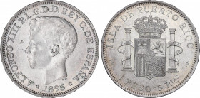 Alfonso XIII (1885-1931)
1 Peso. 1895. PUERTO RICO. P.G.-V. Levísimas rayitas. EBC. / Slight hairlines. Extremely fine. Adq. L. Domingo - Octubre 198...