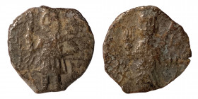 NABATAEA. Aretas IV, with Shaqilat. 9 BC-AD 40. Æ (Bronze, 1.61 g, 14 mm) Petra mint, struck AD 16. Aretas standing left, holding spear set on ground ...