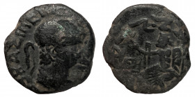 INDO-SCYTHIANS, Hermaios, posthumous issue, circa 55 - 45 B.C. Æ tetradrachm (bronze, 8.1 gr, 22 mm). BAΣIΛEΩΣ ΣΩTHPOΣ EPMAIOY , bare-headed, diademed...