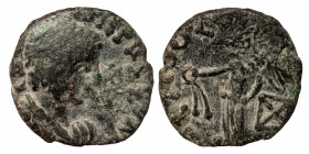 INDIA, Kushan Empire. Kujula Kadphises. circa AD 30-80. Æ drachm (bronze, 2.7 gr, 17 mm). Diademed and draped bust right, imitating Hermaios. Rev. Nik...
