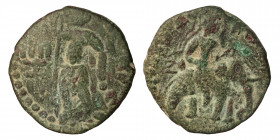 INDIA, Kushan Empire. Huvishka, circa 151-190. Æ Tetradrachm (Bronze, 9.44 g, 25 mm). ÞAONANOÞAO OOHÞKE KOÞANO Huvishka seated on elephant to right, h...