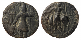 INDIA, Kushan Empire. Vasudeva I, circa 192-225. Æ Tetradrachm (bronze, 8.13 g, 22 mm). Vasudeva standing facing, head left, flames on shoulder, sacri...