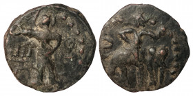 INDIA, Post-Kushan (Baktria). Jouan-jouan.195-230. Æ unit (bronze, 7.75 g, 23 mm), imitating Huvishka. Elephant rider right, holding trident / Lunate ...