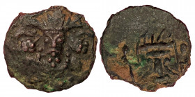 HUNNIC TRIBES, Kidarites.. Uncertain king, Kashmir smast. Late 4th-early 5th century. Æ (Bronze, 0.76 g, 12 mm). Bust of Kidarite king facing, wearing...