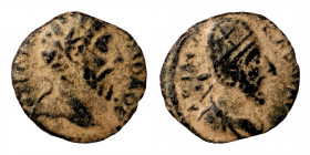 MESOPOTAMIA, Edessa. Abgar VIII with Commodus, 177-192. Æ (bronze, 1.55 g, 14.50 mm); KAIC KOMOΔOC Laureate head of Commodus to right. Rev. ΑΒΓΑΡΟС ΒΑ...