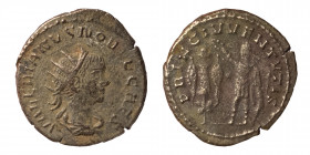 Valerian II, 256-257. Antoninianus (bronze,4.05 g, 21 mm), Antioch. VALERIANVS NOBIL CAES, radiate and draped bust right. Rev. PRINC IVVENTVTIS, Princ...