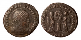 Constantine I, 307/310-337. Follis (Bronze, 3.22 g, 18 mm), Arelate (Arles), struck 319. IMP CONSTANTINVS MAX AVG, helmeted, laureate and cuirassed bu...